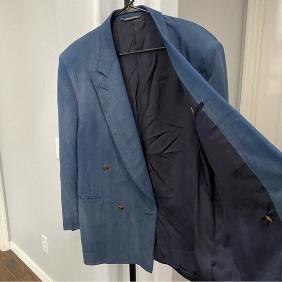 Canali Navy Blue Suit Blazer Jacket Shoulder Pads Size 48R Vintage-Made In Italy - Picture 6 of 14